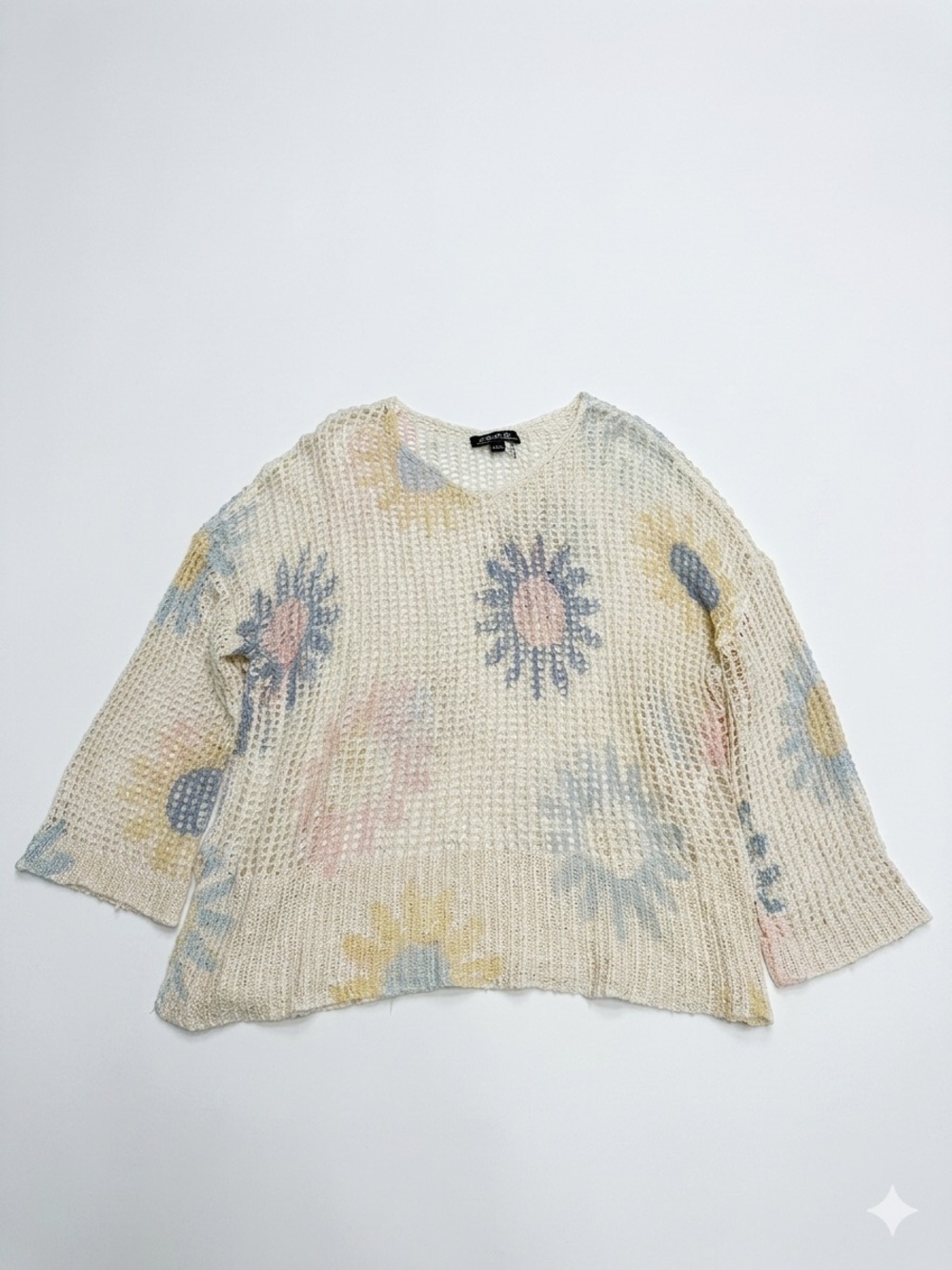 Charlie B Pastel Floral Open Knit Crochet Sweater Top Petite Small P/S